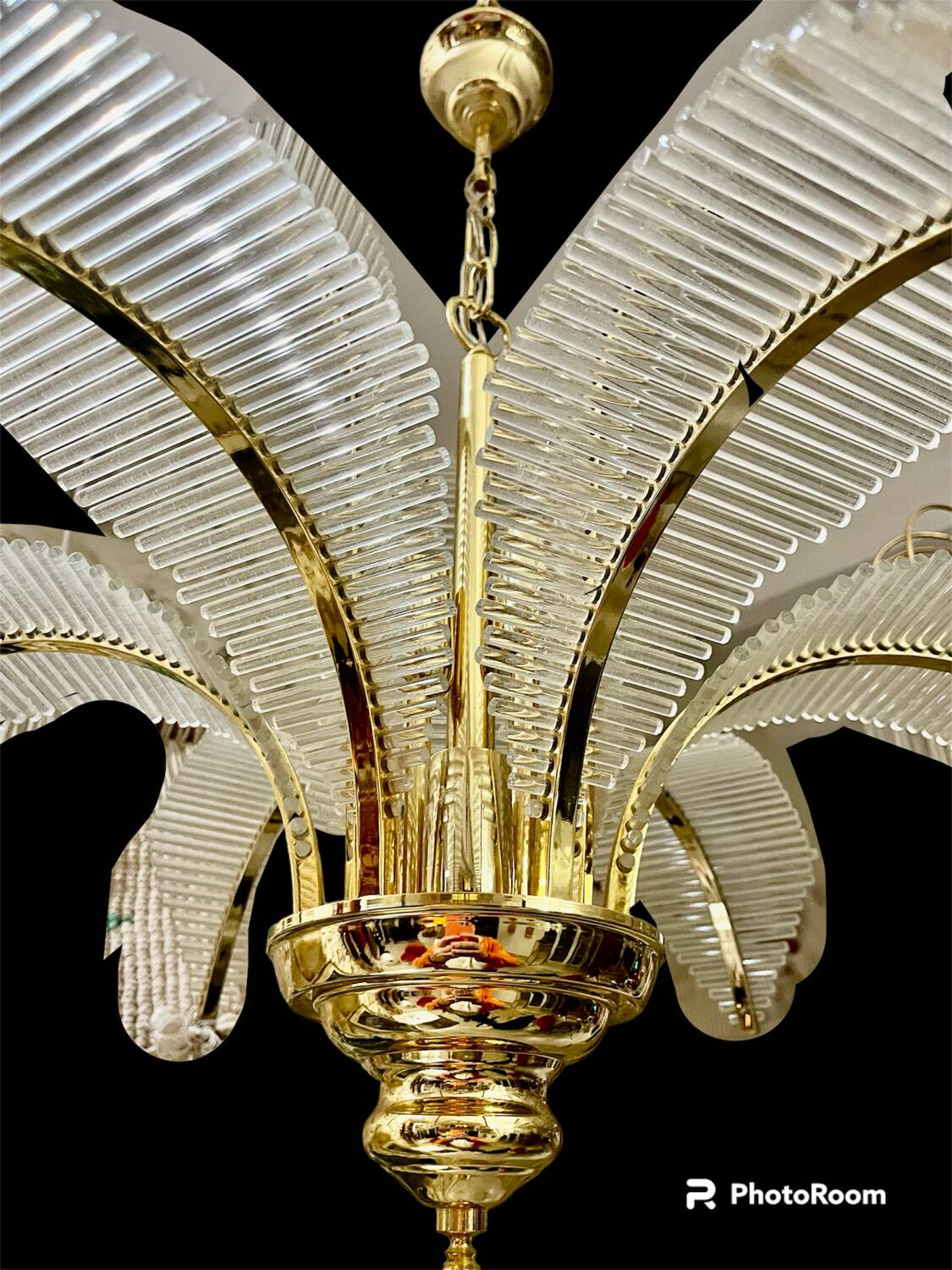 Venini palm chandelier in Murano glass and golden structure, Italy 1980s