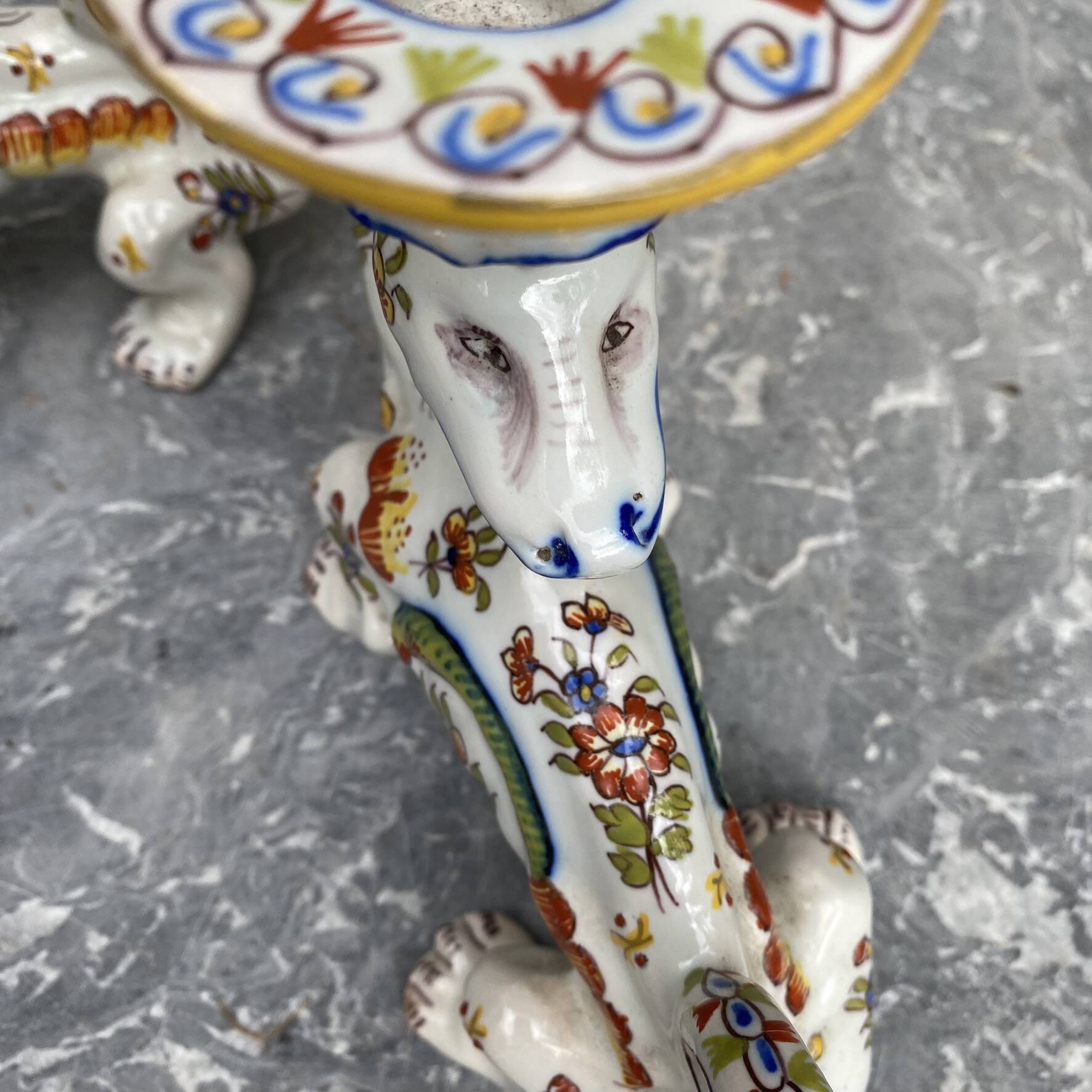 Pair of dragon candlesticks in Desvres earthenware, Rouen