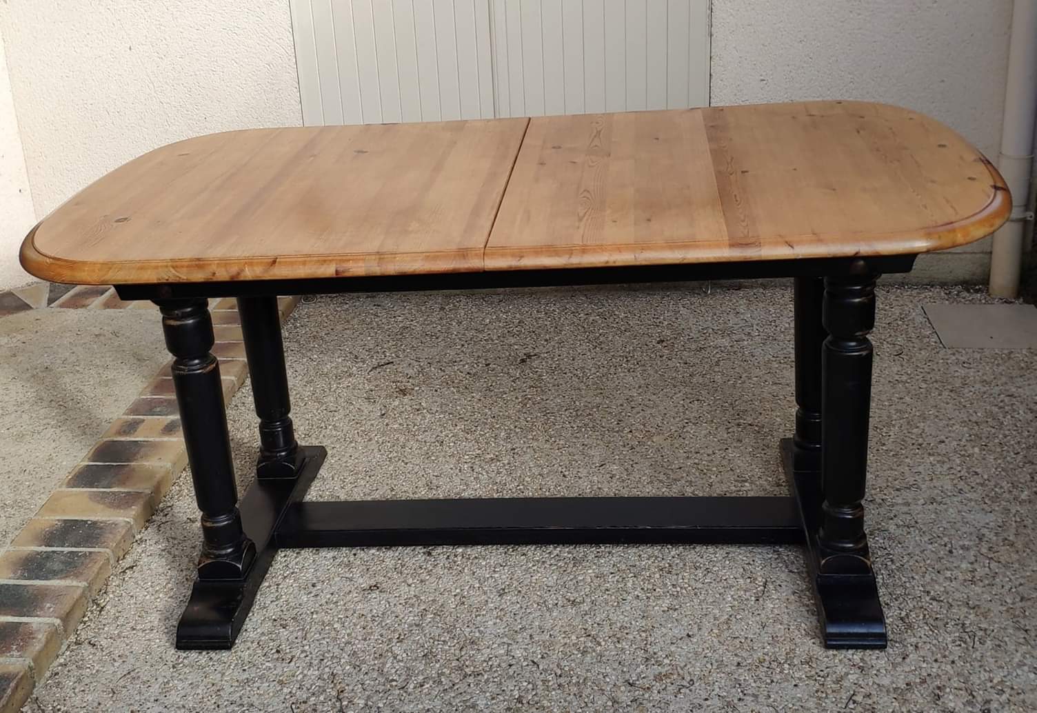 Table set and 6 solid pine chairs repainted and patinated black