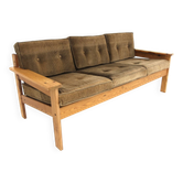 Scandinavian 3-seater sofa in pine and velvet, Sweden, 1970.