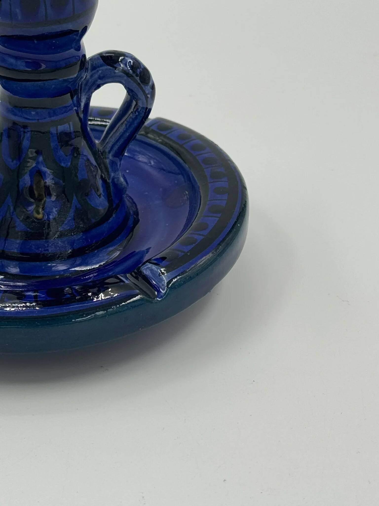 Vintage bedroom candle holder in cobalt blue glazed ceramic