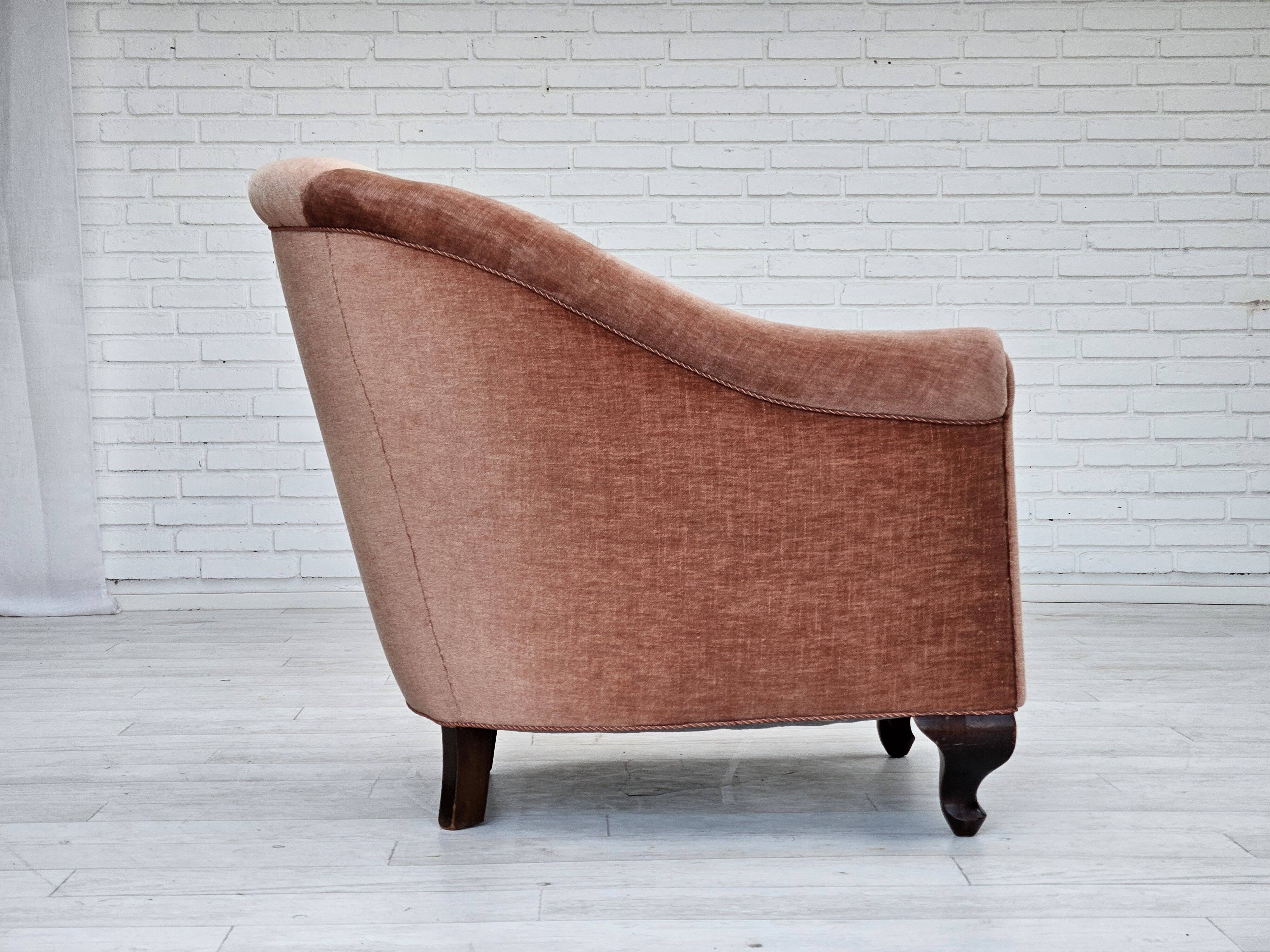 1960s, Danish armchair, salmon pink furniture velour, ash wood legs.