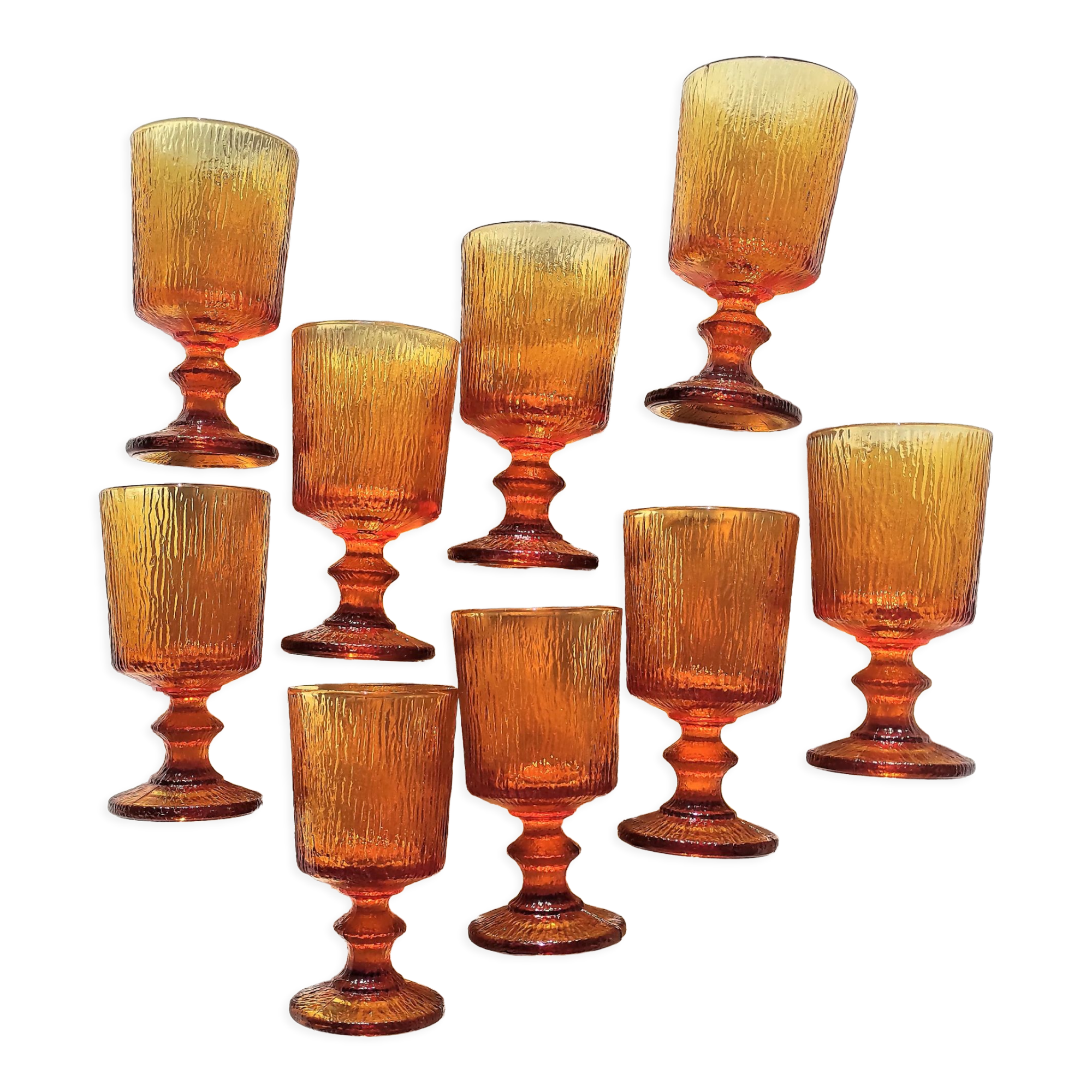 9 orange-stemmed wine glasses circa 1970