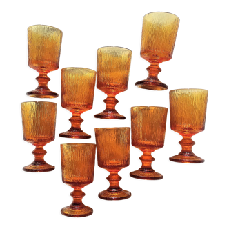 9 orange-stemmed wine glasses circa 1970