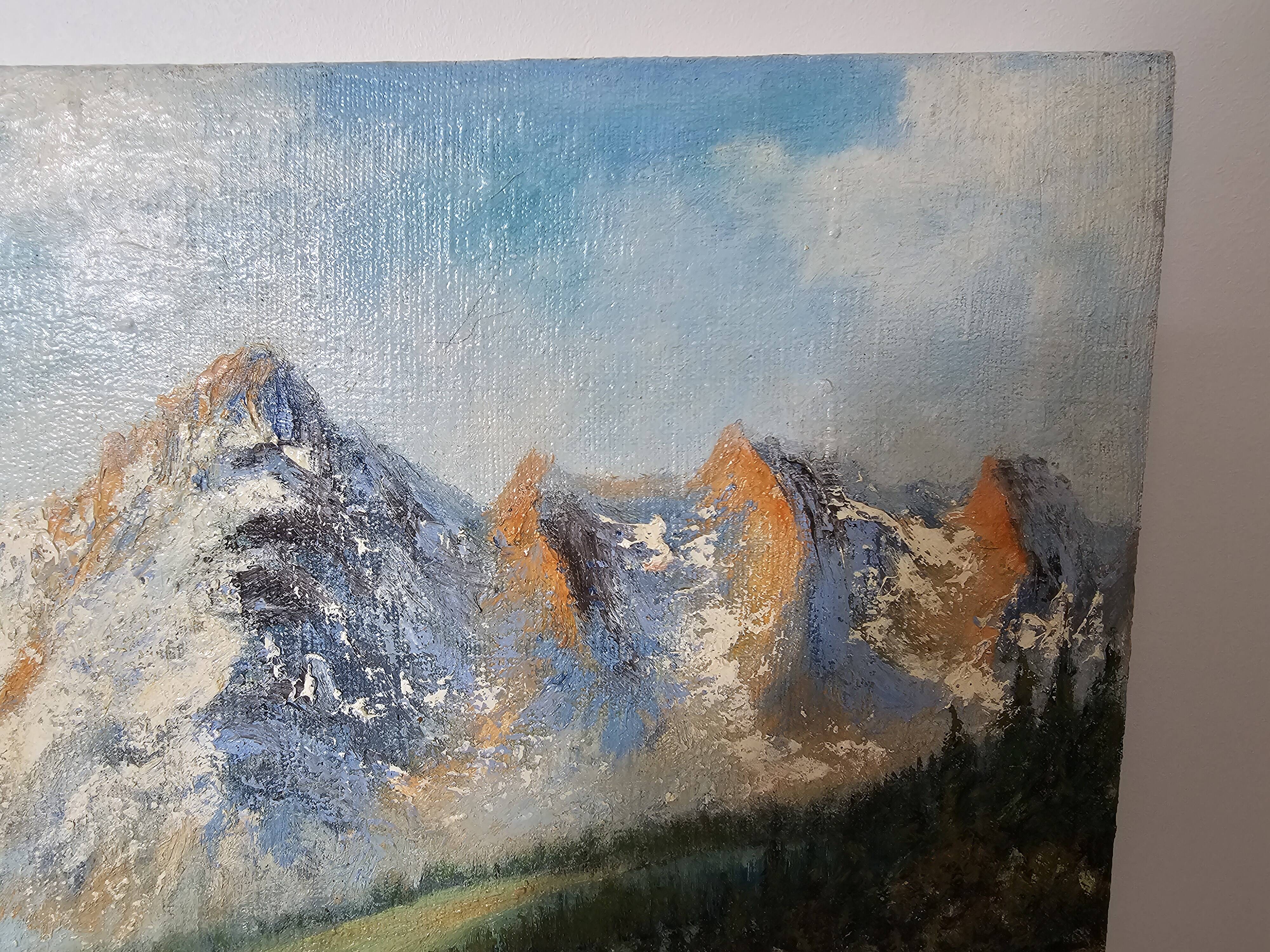 Painting - Oil on canvas View of the Ambérieu en Bugey mountain Signed Aimé Apul