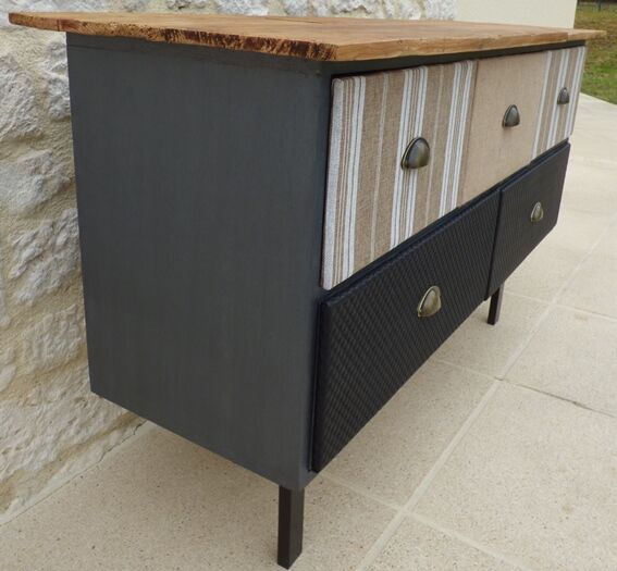 Console with raw wood top and 5 drawers in burlap and imitation leather