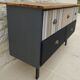 Console with raw wood top and 5 drawers in burlap and imitation leather