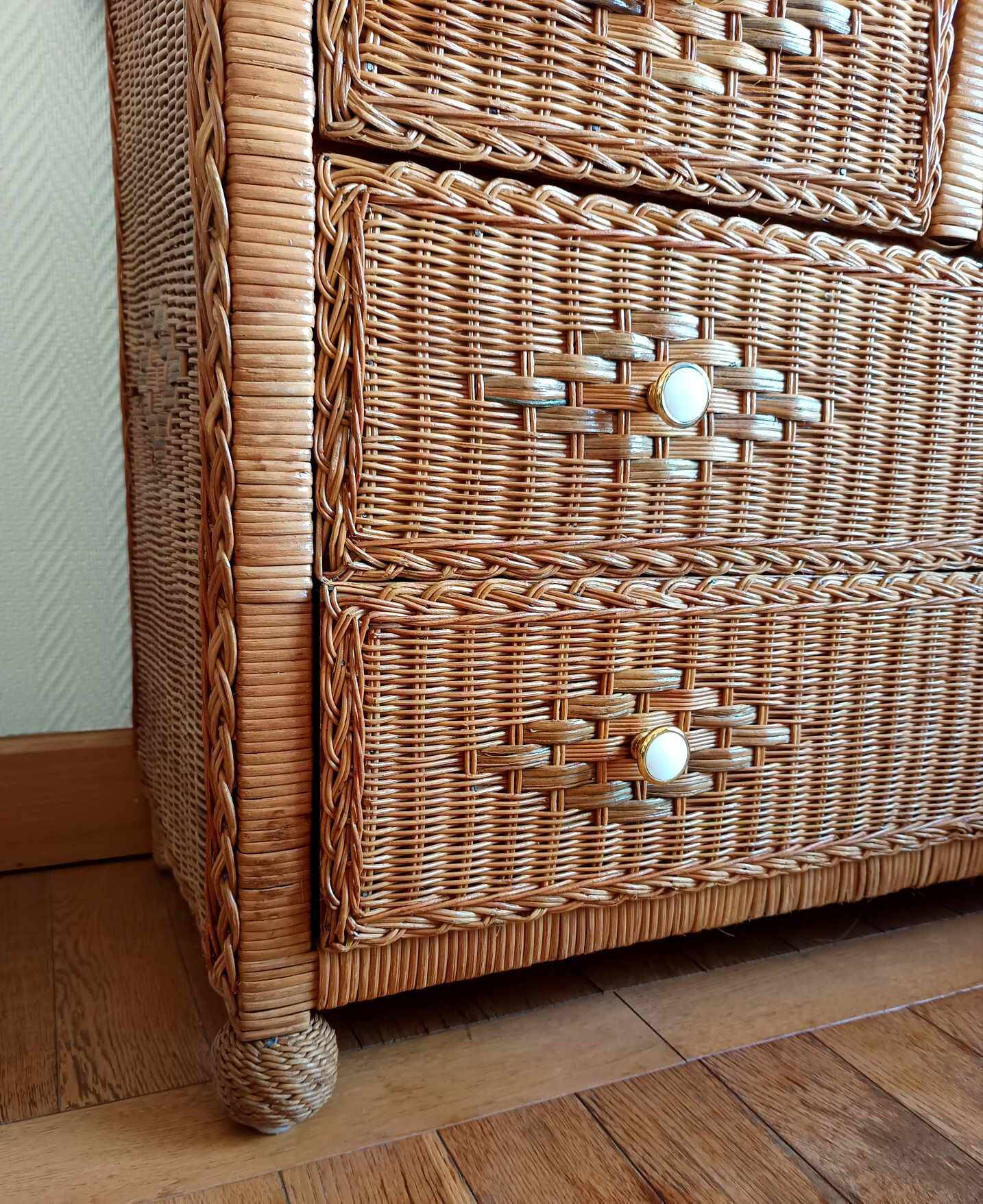 Commode en rotin vintage 1970