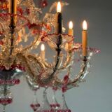 Rezzonico Venetian chandelier in colorless and red Venetian glass, circa 1920
