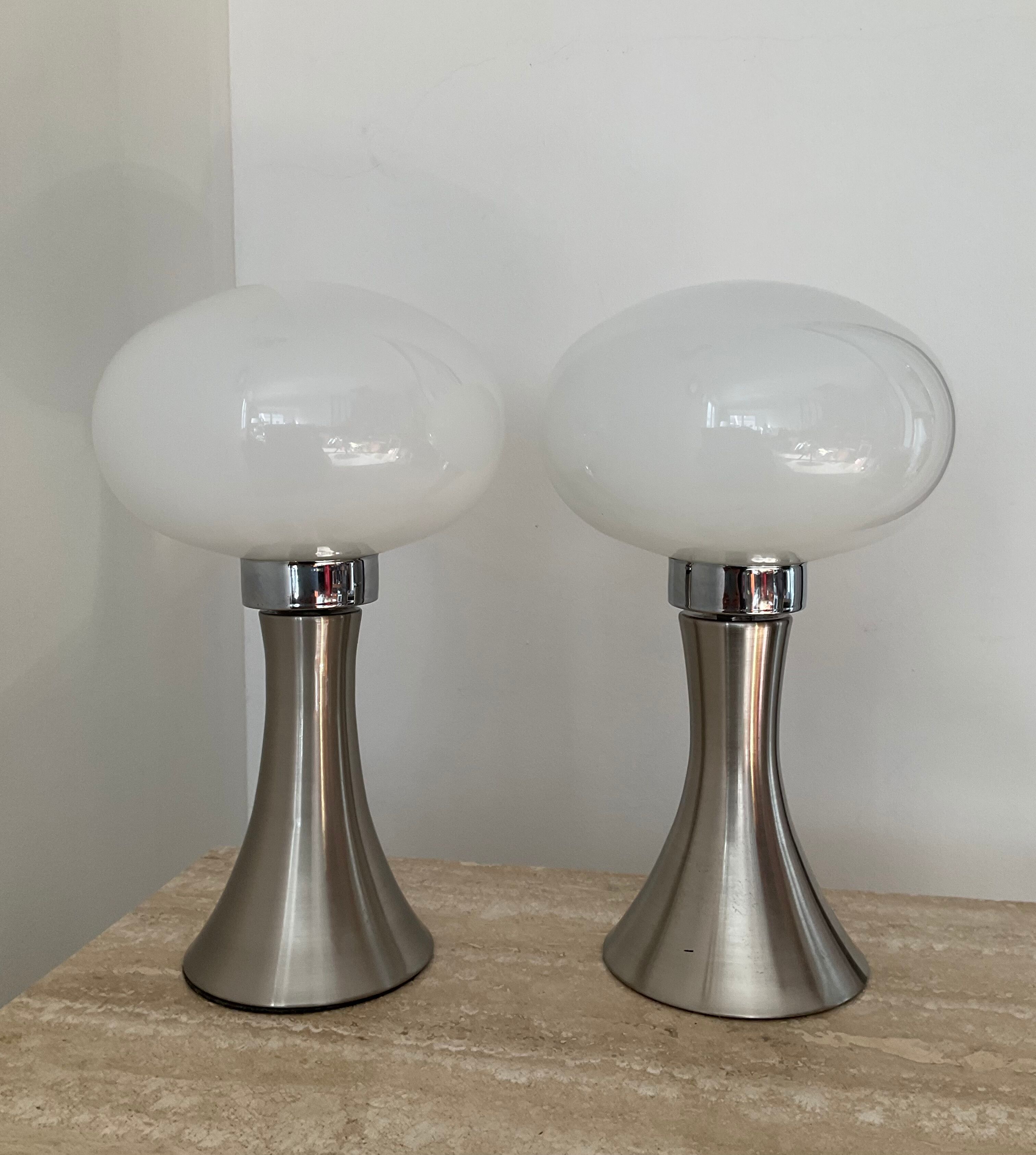 Pair of lamps mushroom opaline and chromed metal 80s