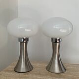 Pair of lamps mushroom opaline and chromed metal 80s