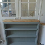Vintage shallow bookcase, re-enchanted in gray green, wooden tray.