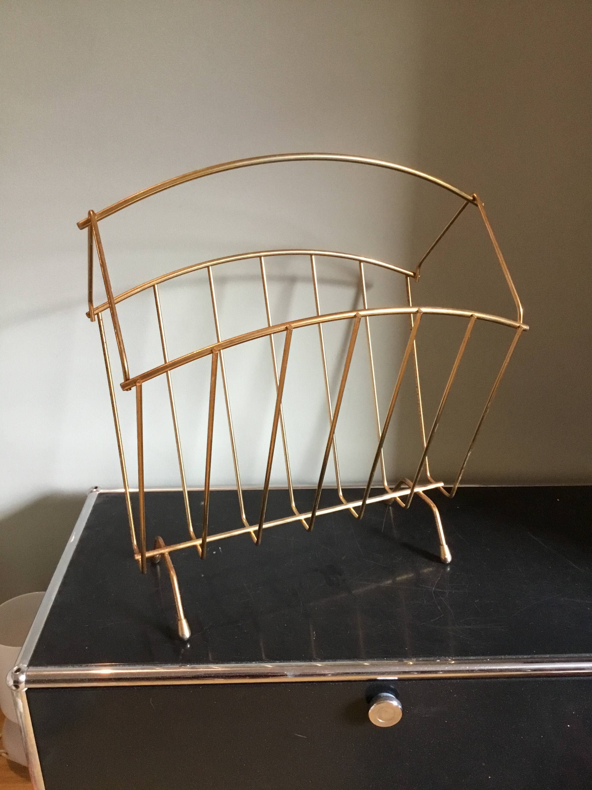 brass magazine rack, 1970s, gold-plated
