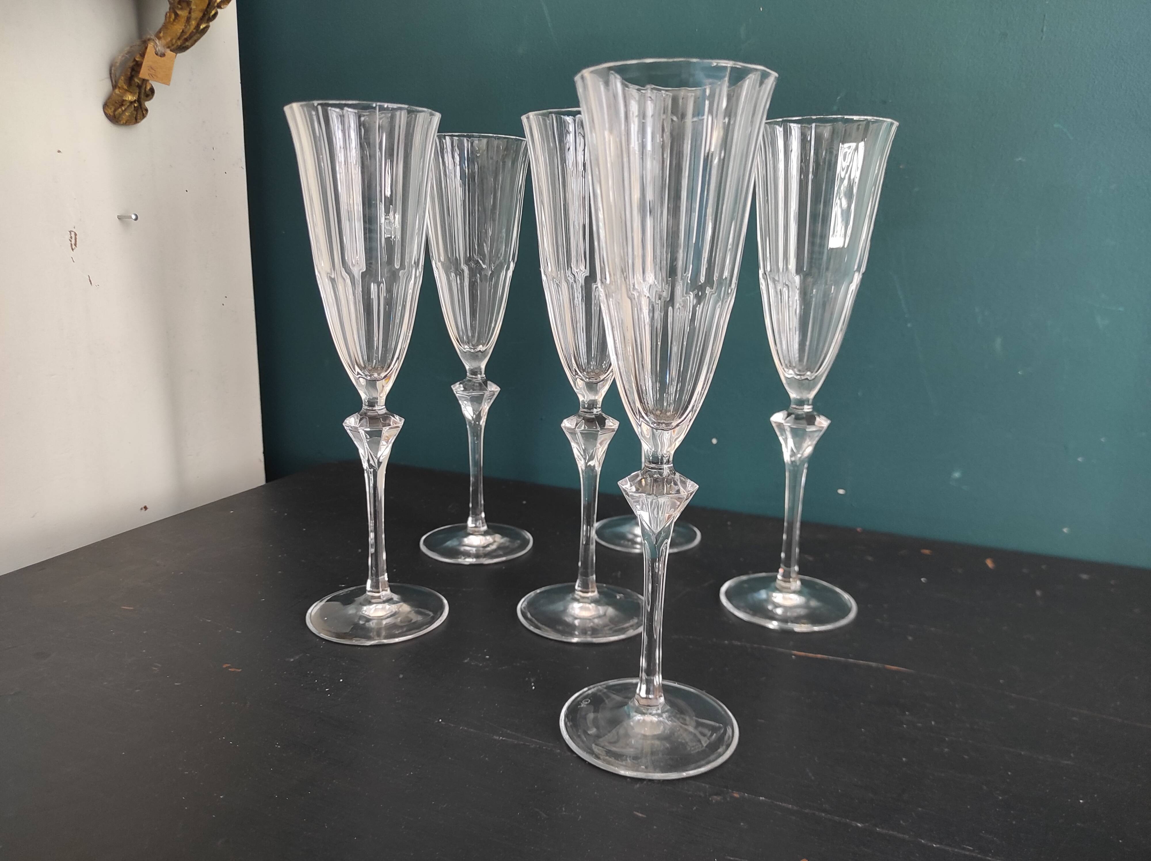 Set of 6 French champagne glasses, Cristal D'Arques, mod. Diamantis