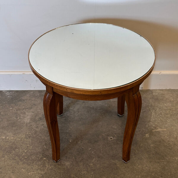 Table d'appoint Art Déco française, table ronde vintage en bois des années 1930 avec plateau en miroir