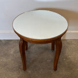 French Art Deco side table, 1930s vintage round wooden table with mirrored top