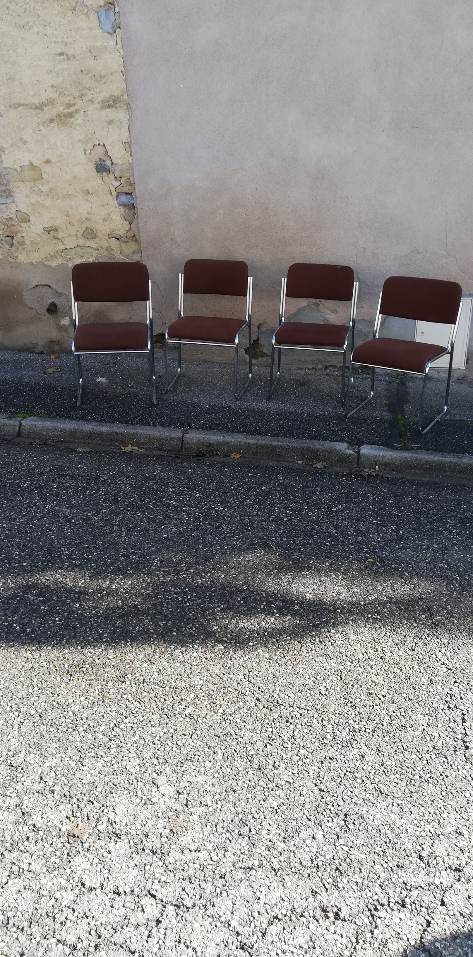 Set de 4 chaises vintage chrome et tissu marron