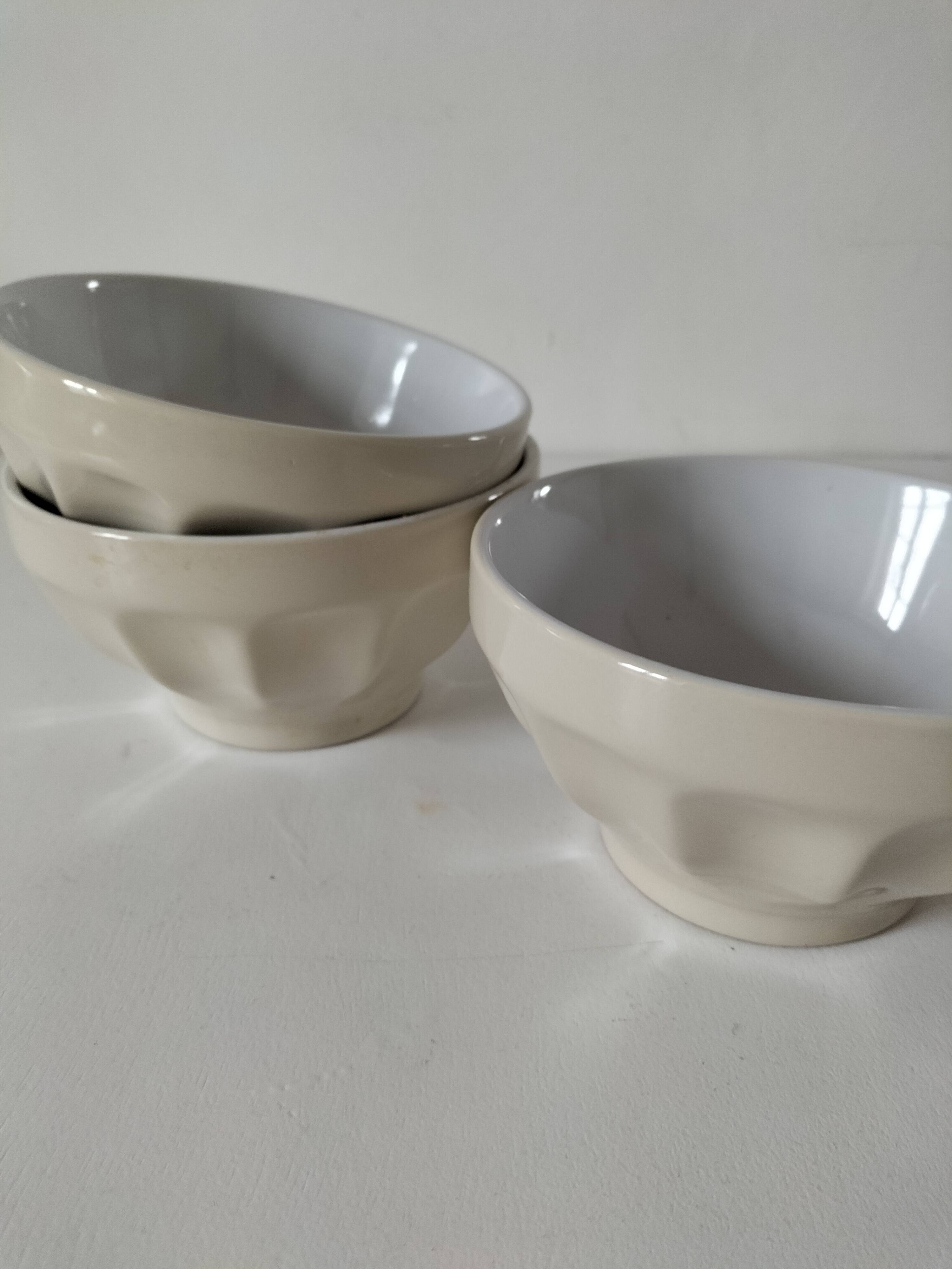 Trio de bols de ferme beige facetté & intérieur blanc