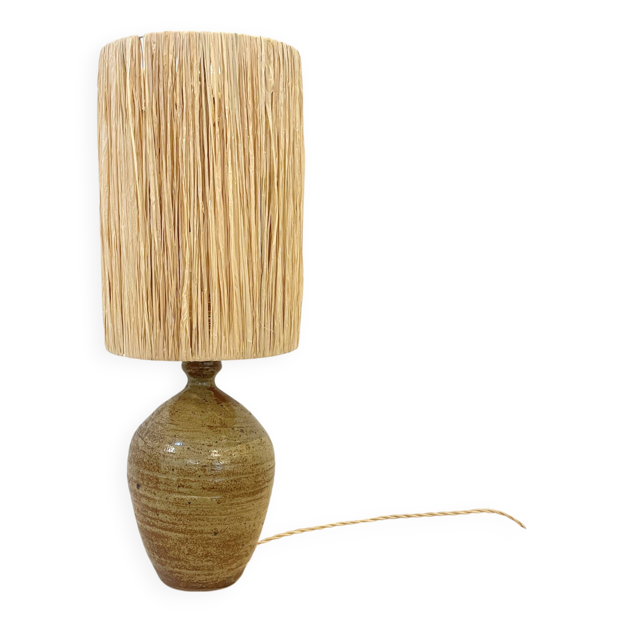XXL Vintage Lamp Base in Beige Brown Stoneware with Raffia Lampshade 1970