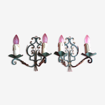 Pair of green wrought iron appliques with golden acanthus leaves