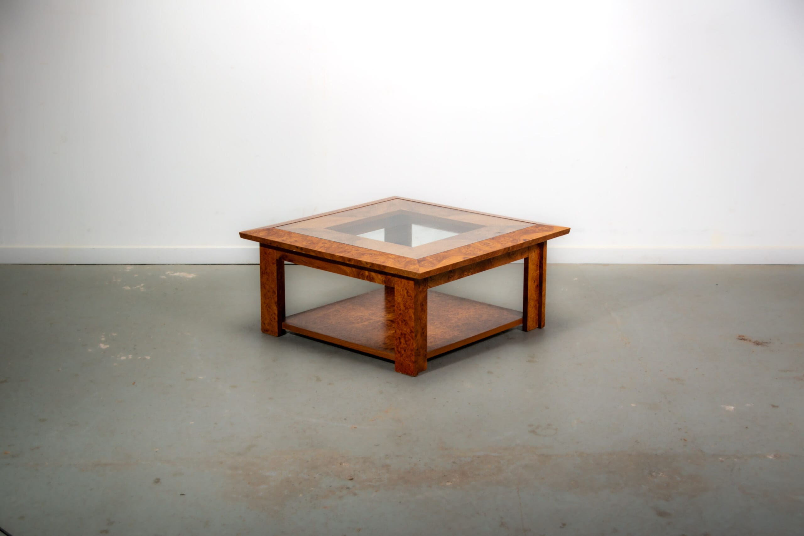 Walnut burl and glass coffee table circa 1980
