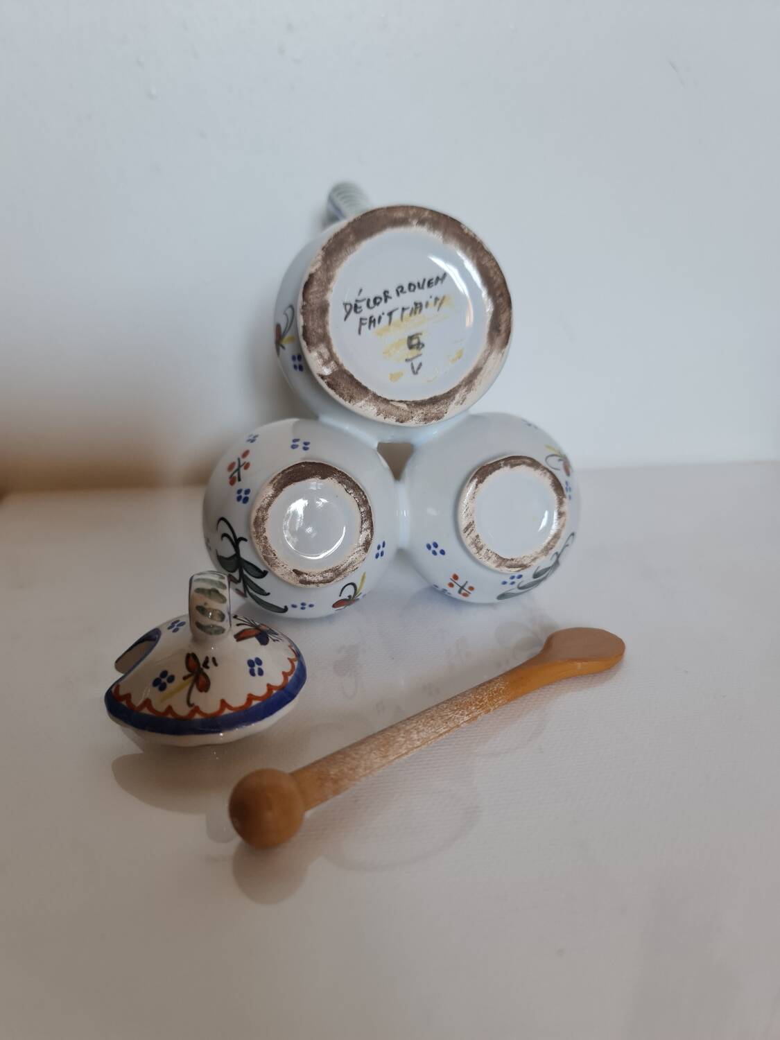 Mustard, salt and pepper shaker set with Rouen decor