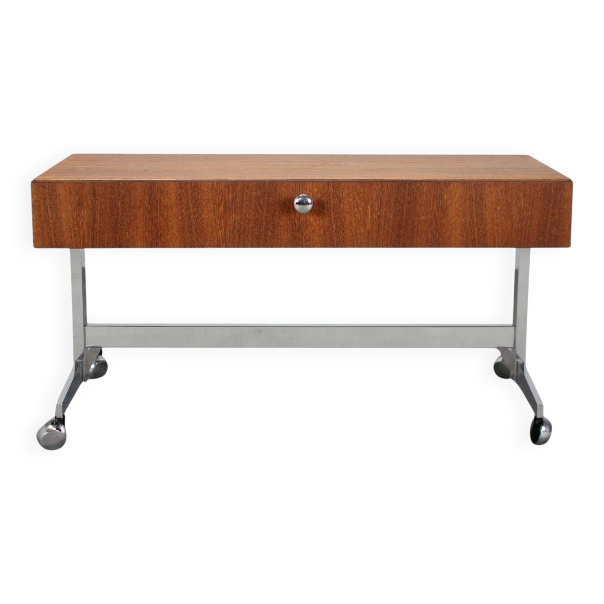Restored Danish teak rolling media console, 1970s.