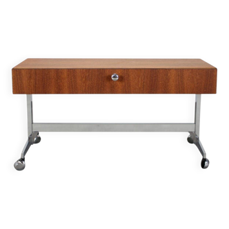 Restored Danish teak rolling media console, 1970s.