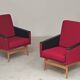 Pair of Drevotex Zamberk armchairs, red fabric and faux leather 1970