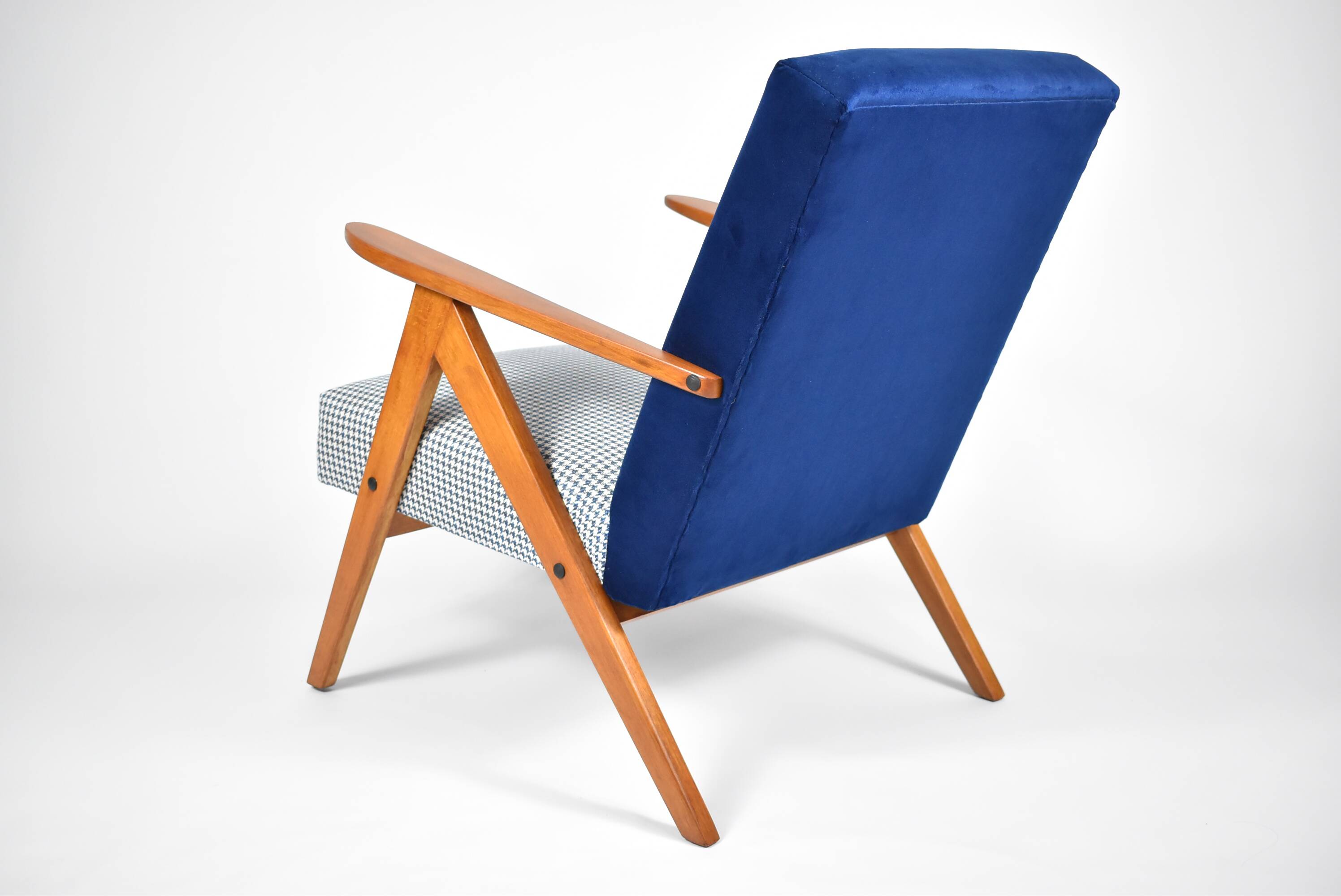 Original armchair compas, pied de poule, blue velvet, 1960s, restored