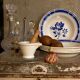 Five old "grandmother" plates with blue flowers