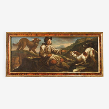 Great 17th Century Painting, The Shepherd With His Dogs