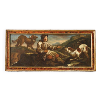 Great 17th Century Painting, The Shepherd With His Dogs
