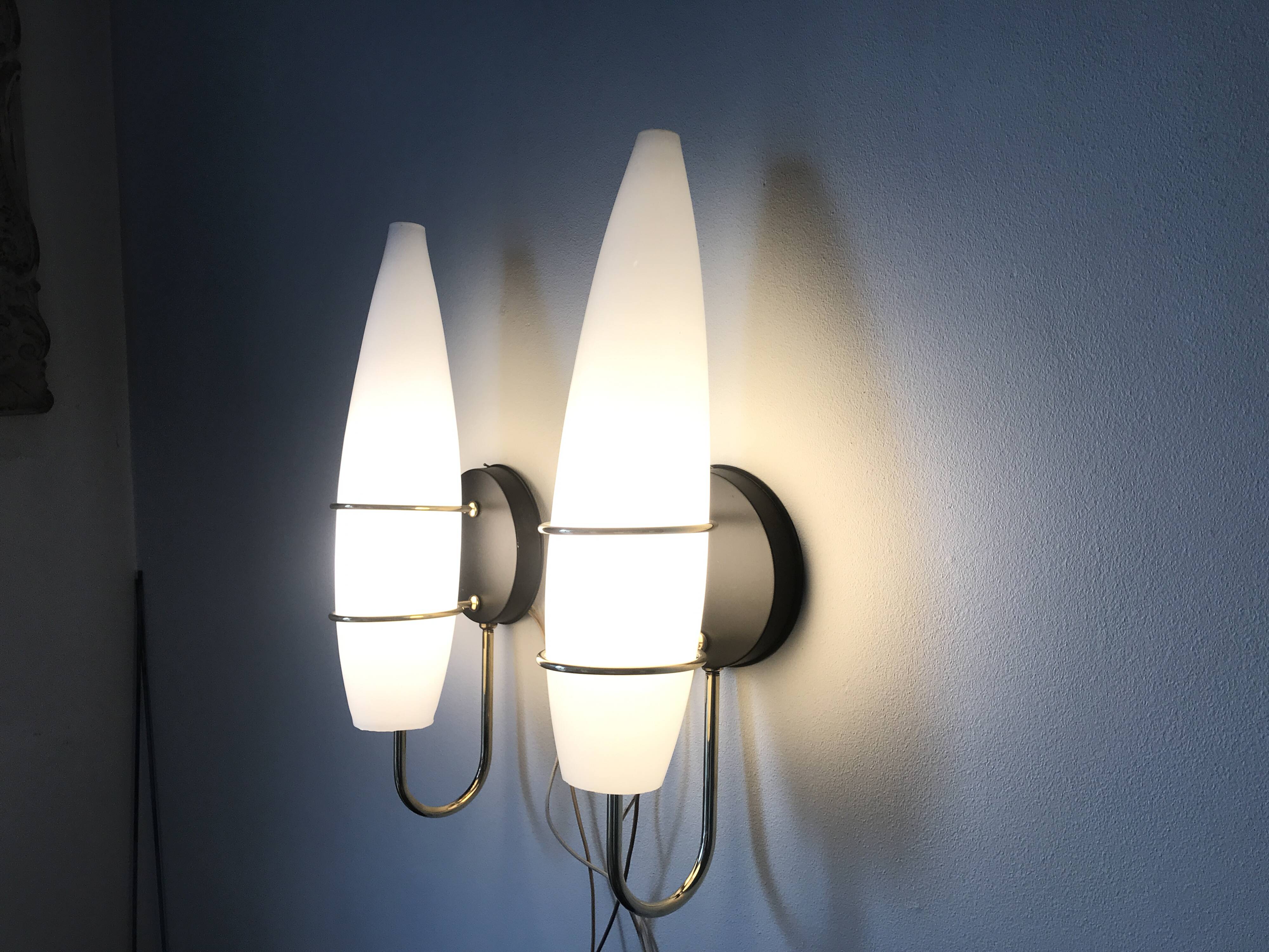 Pair of modernist wall lights in opaline brass white flame 1960 vintage minimalist