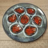 Set of 6 Vintage French Blue Gray & Orange Hand Painted Pordic 6 Serving Oyster Plates 4973