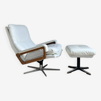 Vintage white leather armchair by André Vandenbeuck for Strässle and ottoman