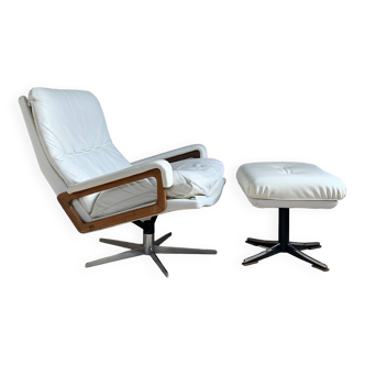 Vintage white leather armchair by André Vandenbeuck for Strässle and ottoman