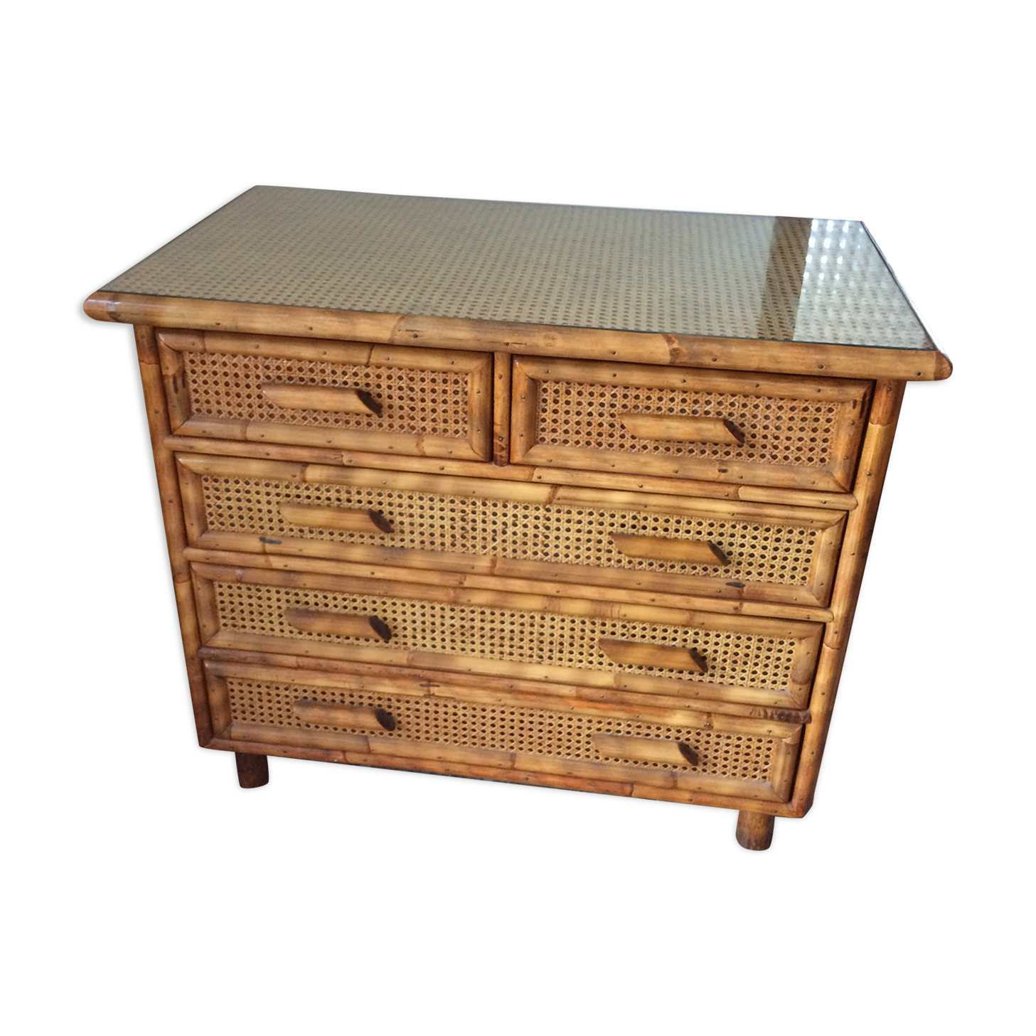 Commode vintage rotin et cannage