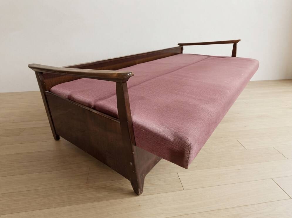 Burgundy folding sofa bed by Edmund Homa, mid-century modern, 1960s, Czechoslovakia, 200 × 88 × 80 cm