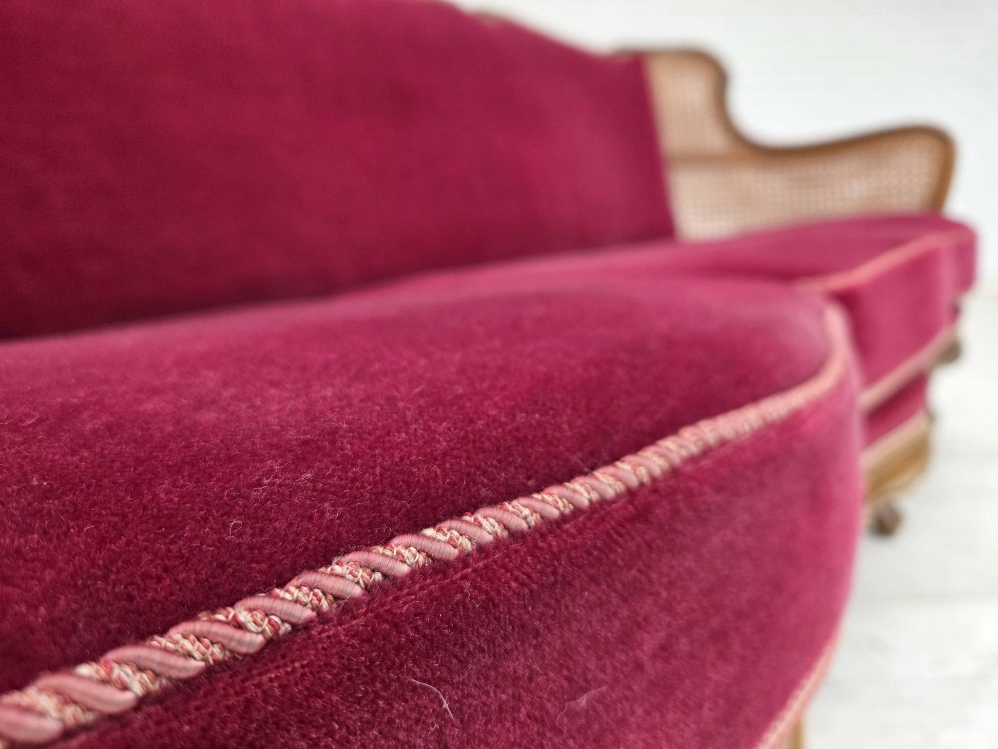 1950s, Danish 3-seater sofa, furniture velour, ash wood, mesh.