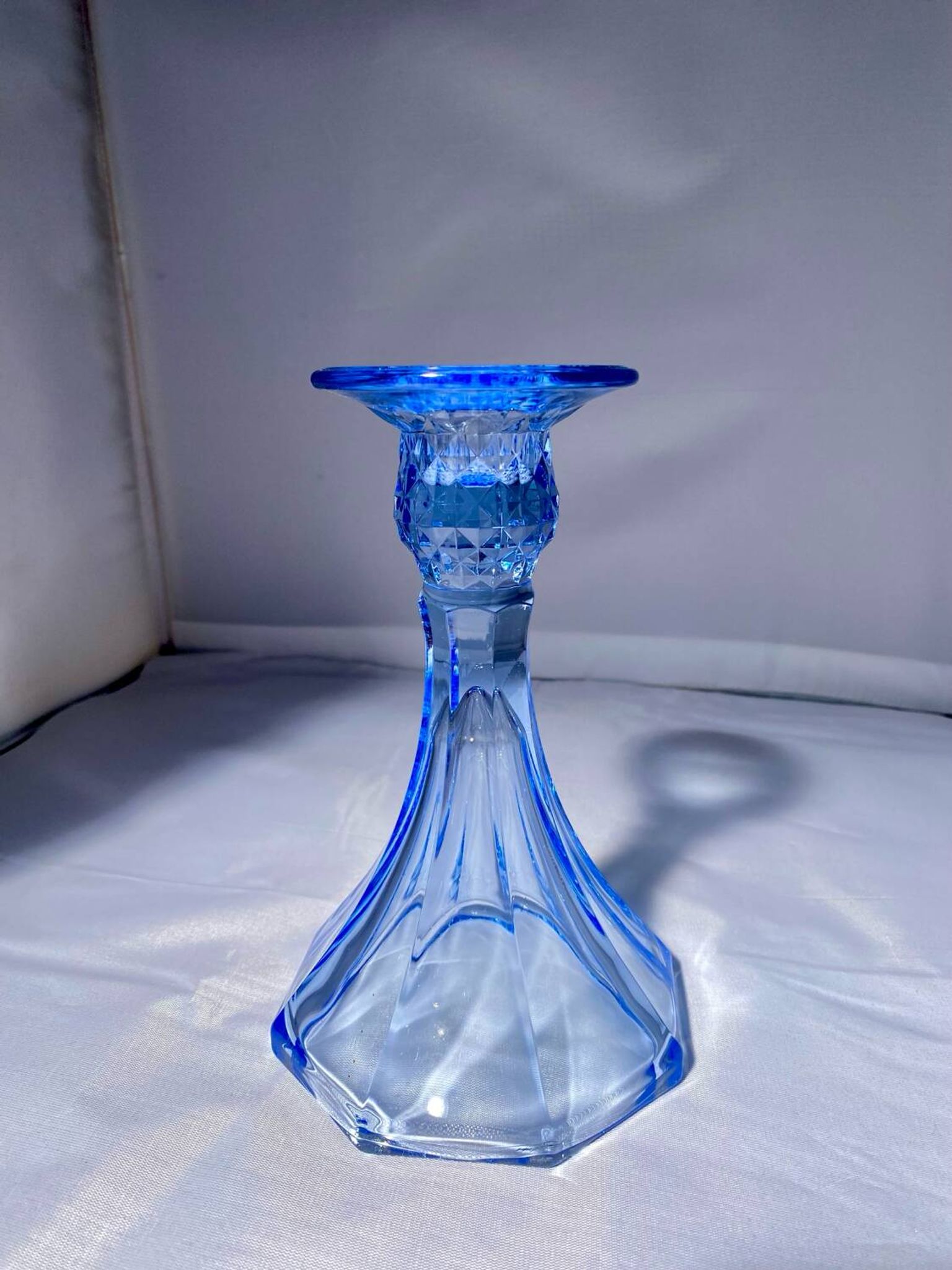 Pair of Jamestown blue Virginia candlesticks or vases by Fostori