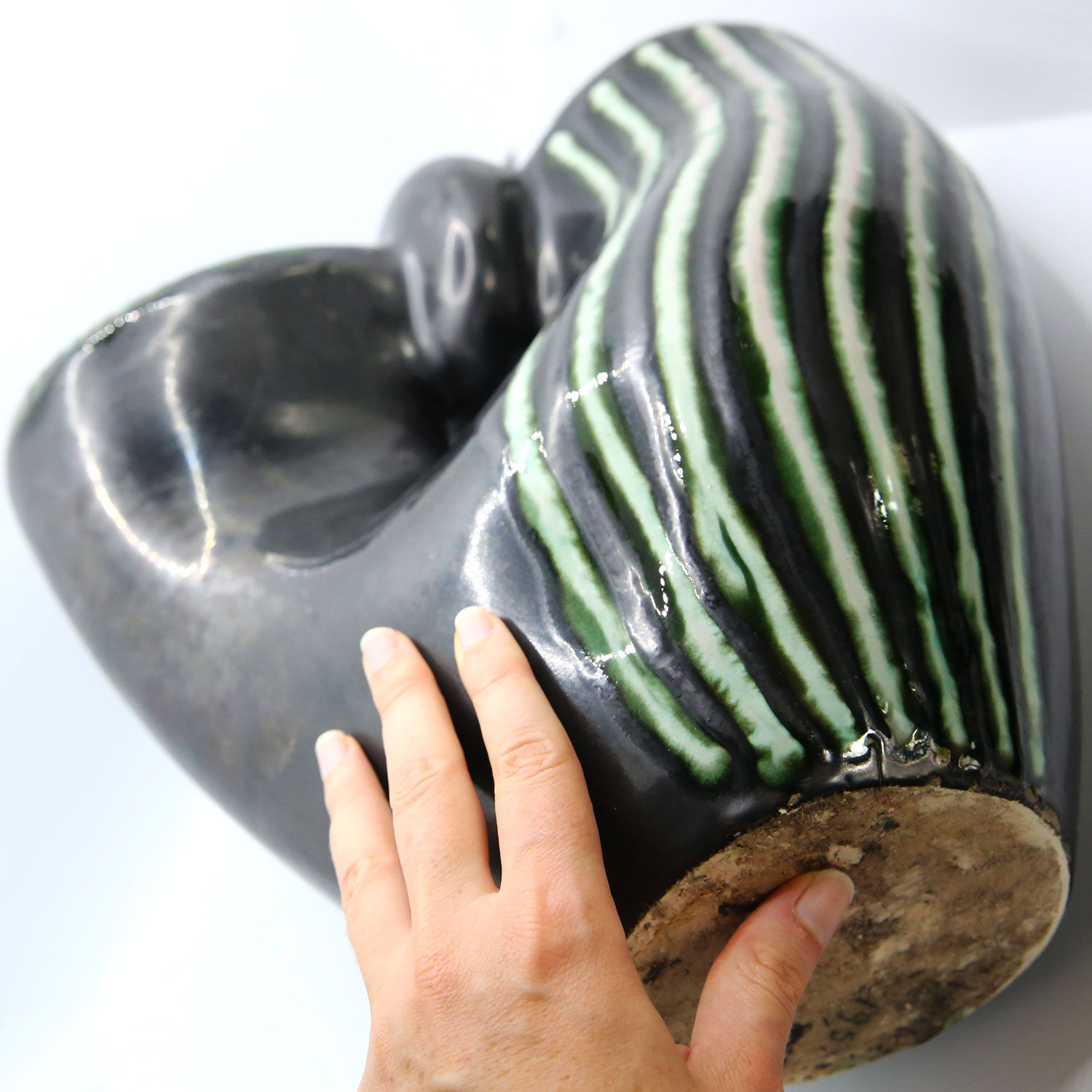 Black and green ceramic basket vase with white stripes from Bauzio in Vallauris, 1957