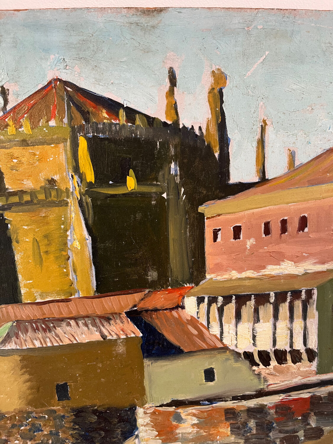 Castle in the rooftops, oil on wood panel, signed JA Dompierre.