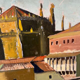 Castle in the rooftops, oil on wood panel, signed JA Dompierre.