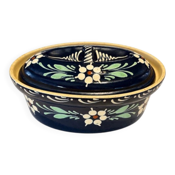 Terrine alsacienne ancienne à Baeckeoffe bleu fleurs avec couvercle 35 cm