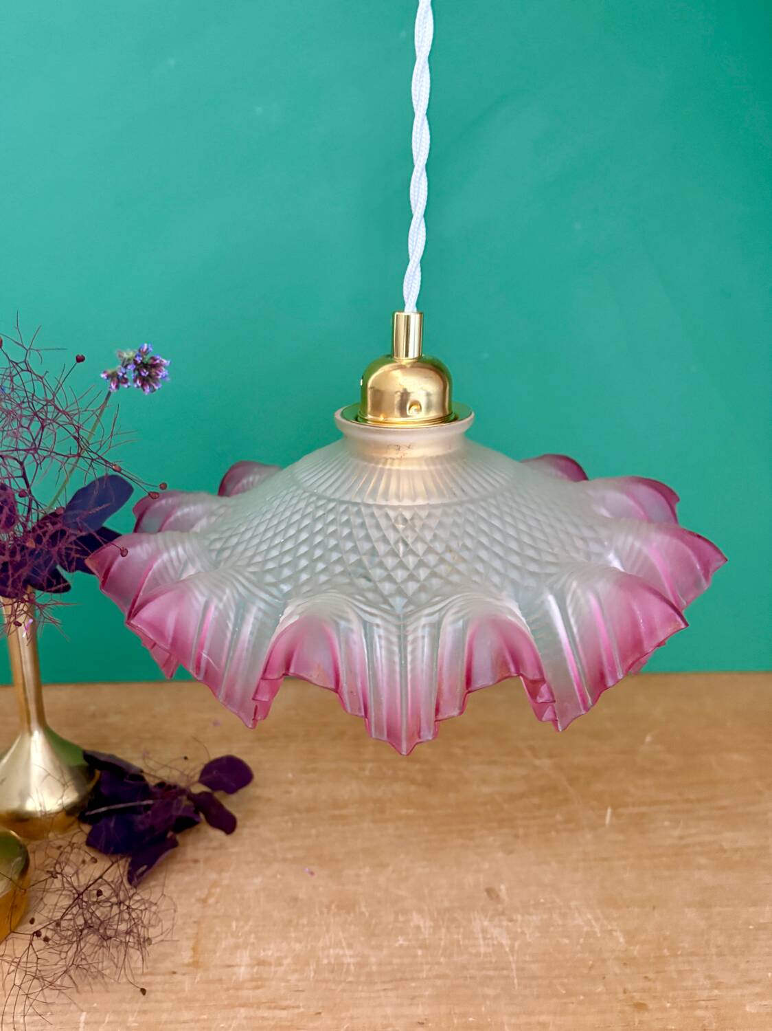 Vintage frosted glass pendant lampshade, half pink, half transparent