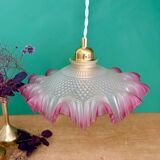 Vintage frosted glass pendant lampshade, half pink, half transparent
