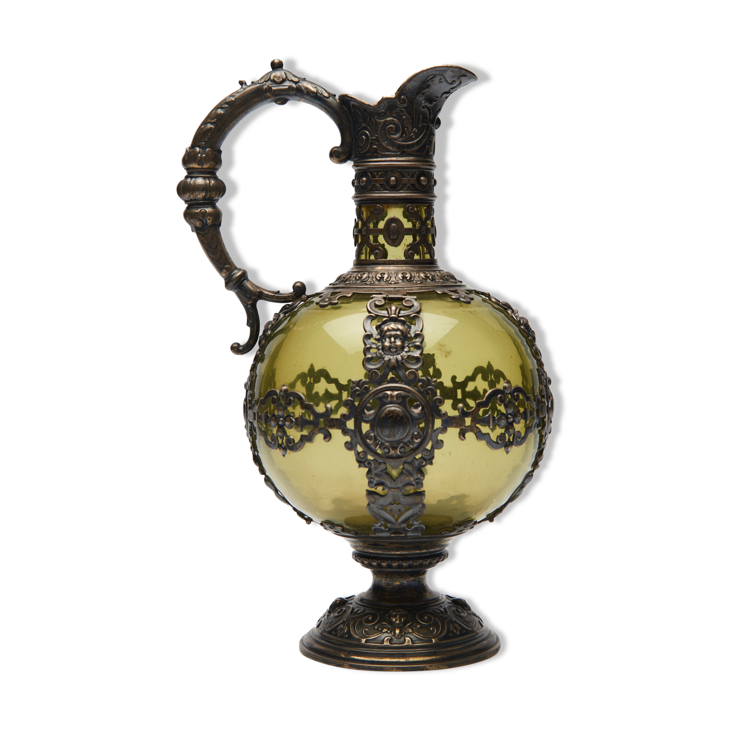 Nineteenth Renaissance style ewer in glass green and brass