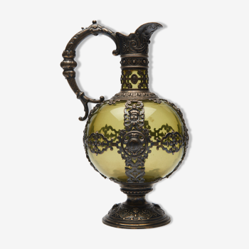 Nineteenth Renaissance style ewer in glass green and brass