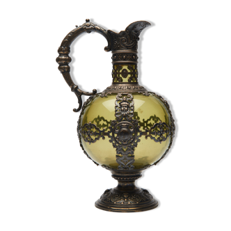 Nineteenth Renaissance style ewer in glass green and brass